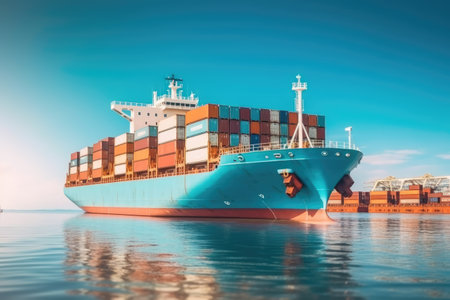 Cargo maritime ship with contrail in the ocean ship carrying container, running for export concept technology freight shipping by ship forwarder mastの素材