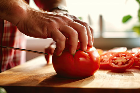 Close up photo of a pair of hands preparing a fresh healthy vegan salad, with many vegetables in the kitchen at home and trying a new recipeの素材