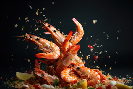 Shrimps flying against water explosion, prepare food ingredients from the seaの素材