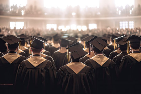 The back of the graduates are attending the graduation ceremony at the university, Concept of Successful Education in High School, Congratulated Degreeの素材