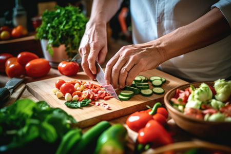 Close up photo of a pair of hands preparing a fresh healthy vegan salad, with many vegetables in the kitchen at home and trying a new recipeの素材