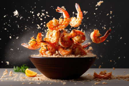Shrimps flying against water explosion, prepare food ingredients from the seaの素材