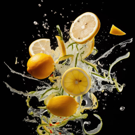 Slices of lemon flying against water explosion, water splash and black backgroundの素材