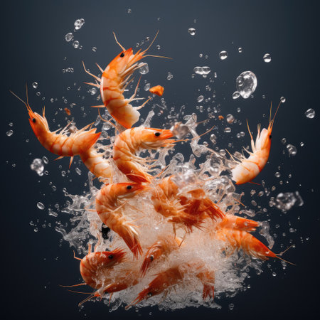 Shrimps flying against water explosion, prepare food ingredients from the seaの素材