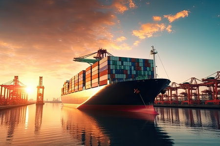 Cargo maritime ship with contrail in the ocean ship carrying container, running for export concept technology freight shipping by ship forwarder mastの素材