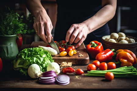 Close up photo of a pair of hands preparing a fresh healthy vegan salad, with many vegetables in the kitchen at home and trying a new recipeの素材