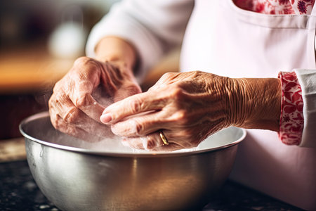 Close up photo of a pair of hands preparing a fresh healthy vegan salad, with many vegetables in the kitchen at home and trying a new recipeの素材