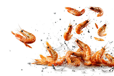 Shrimps flying against water explosion, prepare food ingredients from the seaの素材