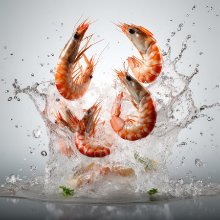 Shrimps flying against water explosion, prepare food ingredients from the seaの素材