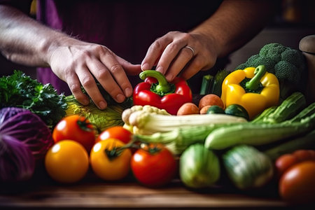 Close up photo of a pair of hands preparing a fresh healthy vegan salad, with many vegetables in the kitchen at home and trying a new recipeの素材