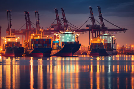 Several Cargo maritime ships with contrail in the ocean ship carrying container, running for export concept technology freight shipping by ship forwarder mastの素材