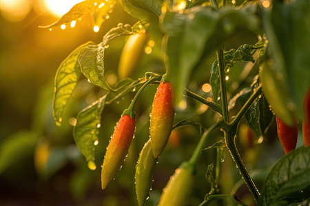 Old red chilies hanging at branches still wet with morning dew, chili gardens in the morning at golden hourの素材