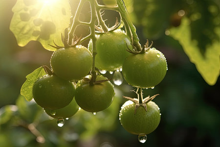 Green Tomatoes hanging at branches still wet with morning dew, tomato gardens in the morning at golden hourの素材