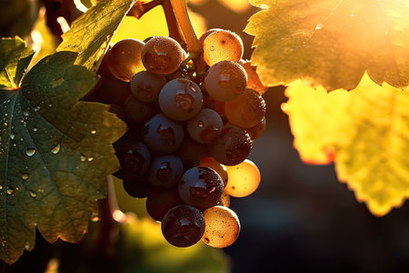 Pinot noir grapes clusters hanging from branches still wet with morning dew, vineyards in the morning at golden hourの素材