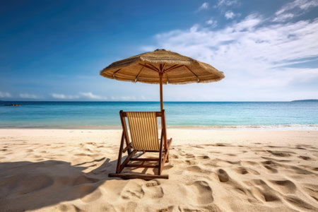 Beach chairs on the white sand beach with cloudy blue sky and sun, holiday and vacation concept for tourism, Inspirational tropical landscapeの素材