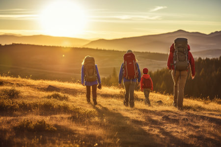 Backpacker Travel Lifestyle adventure enjoying the view, concept vacations, outdoor activities, into the wildの素材