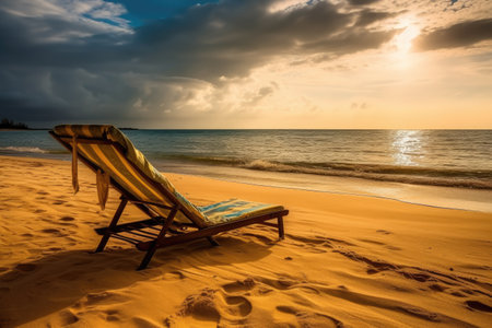 Beach chairs on the white sand beach with cloudy blue sky and sun, holiday and vacation concept for tourism, Inspirational tropical landscapeの素材