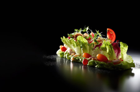 Salad with fresh vegetables olives tomatoes red onion greek cheese feta and olive oil, the structure of the salad on a dark stylish plate is distinguishableの素材