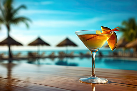 A glass of cocktail on a table with a tropical beach background, Classic drink menu concept, Copy spaceの素材