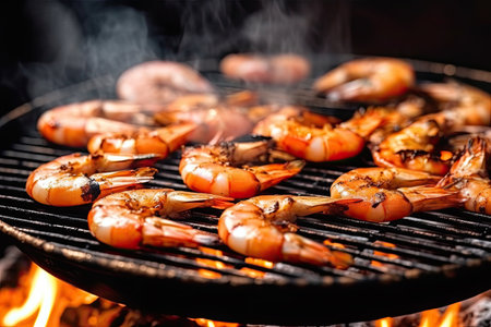 Grilled shrimp that's being cooked with smoke on the grill, Grilled seafood.の素材