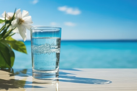 A glass of ice water on a table with a beach background, Classic drink menu concept, Copy spaceの素材