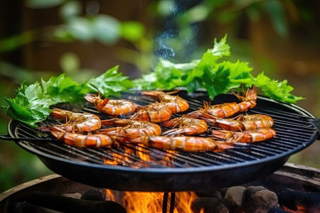 Grilled shrimp that's being cooked with smoke on the grill, Grilled seafood.の素材