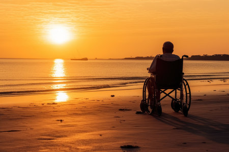 A person is sitting in a wheelchair on a beach, enjoying the natural sceneryの素材