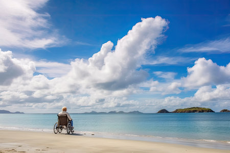 A person is sitting in a wheelchair on a beach, enjoying the natural sceneryの素材