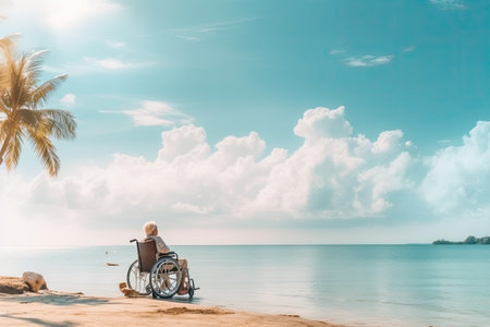 A person is sitting in a wheelchair on a beach, enjoying the natural sceneryの素材