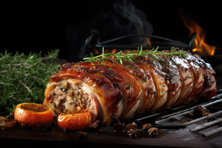 Classic baked pork porchetta with thin smoke, garnished with various herbsの素材