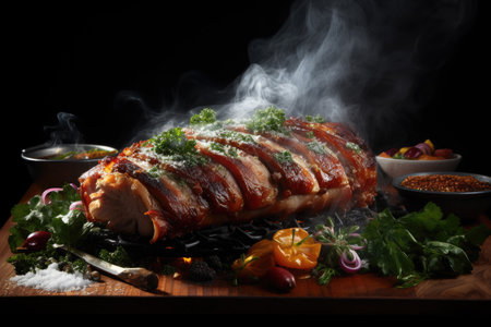 Classic baked pork porchetta with thin smoke, garnished with various herbsの素材
