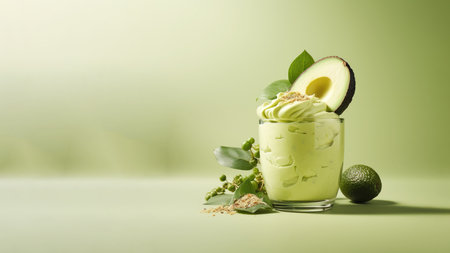 A glass of avocado smoothies, herb healthy drink on soft gradient blur background.の素材