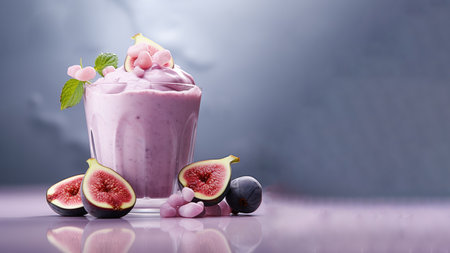 A glass of fig (Ficus carica) smoothies, herb healthy drink on soft gradient blur background.の素材