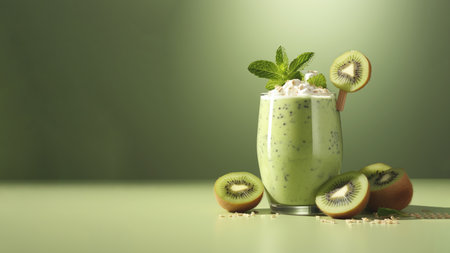 A glass of kiwi (Actinidia deliciosa) smoothies, herb vegan healthy drink on soft gradient blur background.の素材