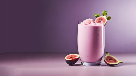 A glass of fig (Ficus carica) smoothies, herb healthy drink on soft gradient blur background.の素材