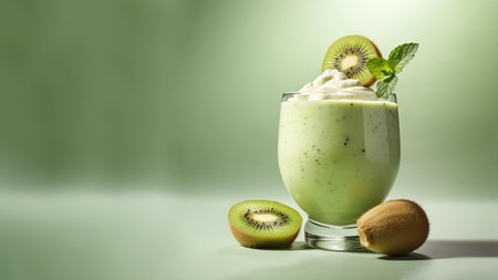 A glass of kiwi (Actinidia deliciosa) smoothies, herb vegan healthy drink on soft gradient blur background.の素材