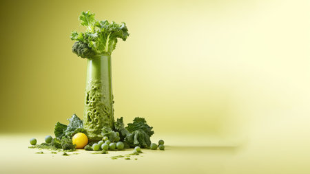 A glass of kale (Brassica oleracea) smoothies, herb vegan healthy drink on soft gradient blur background.の素材