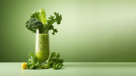 A glass of kale (Brassica oleracea) smoothies, herb vegan healthy drink on soft gradient blur background.の素材