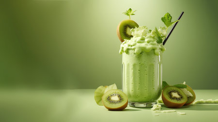A glass of kiwi (Actinidia deliciosa) smoothies, herb vegan healthy drink on soft gradient blur background.の素材