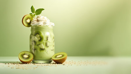 A glass of kiwi (Actinidia deliciosa) smoothies, herb vegan healthy drink on soft gradient blur background.の素材