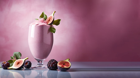 A glass of fig (Ficus carica) smoothies, herb healthy drink on soft gradient blur background.の素材