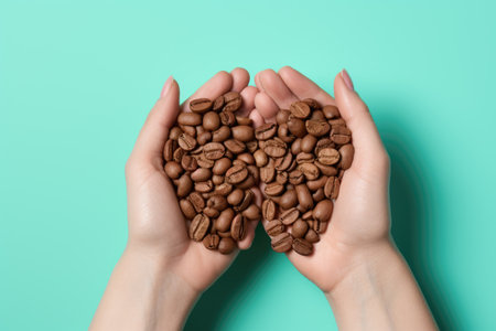 Hands holding coffee beans on pastel background, Organic fruits, Healthy food, close upの素材