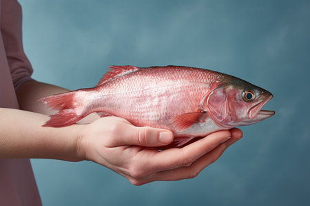 Hands holding fresh fish on pastel background, fresh food ingredients, Healthy food, close upの素材