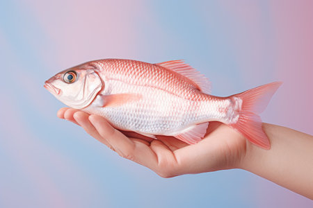 Hands holding fresh fish on pastel background, fresh food ingredients, Healthy food, close upの素材