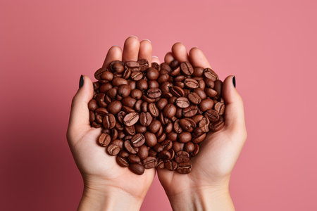 Hands holding coffee beans on pastel background, Organic fruits, Healthy food, close upの素材