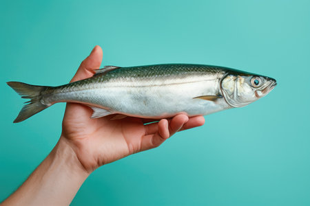 Hands holding fresh mackerel fish on pastel background, fresh food ingredients, Healthy food, close upの素材