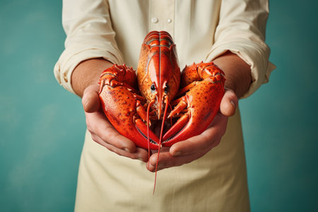 Hands holding fresh lobster on pastel background, fresh food ingredients, Healthy food, close upの素材