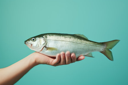 Hands holding fresh mahi mahi fish on pastel background, fresh food ingredients, Healthy food, close upの素材