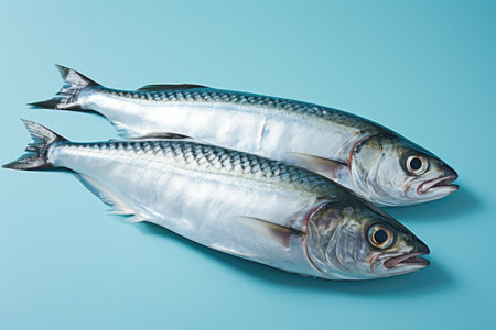 resh mackerel fish on pastel background, fresh food ingredients, Healthy food, close upの素材