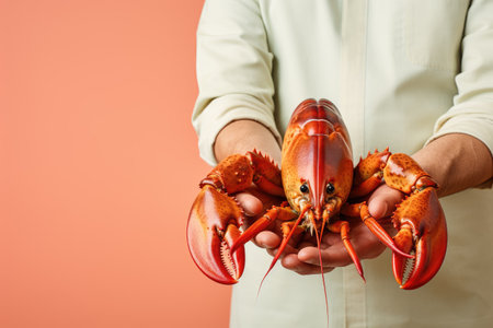 Hands holding fresh lobster on pastel background, fresh food ingredients, Healthy food, close upの素材